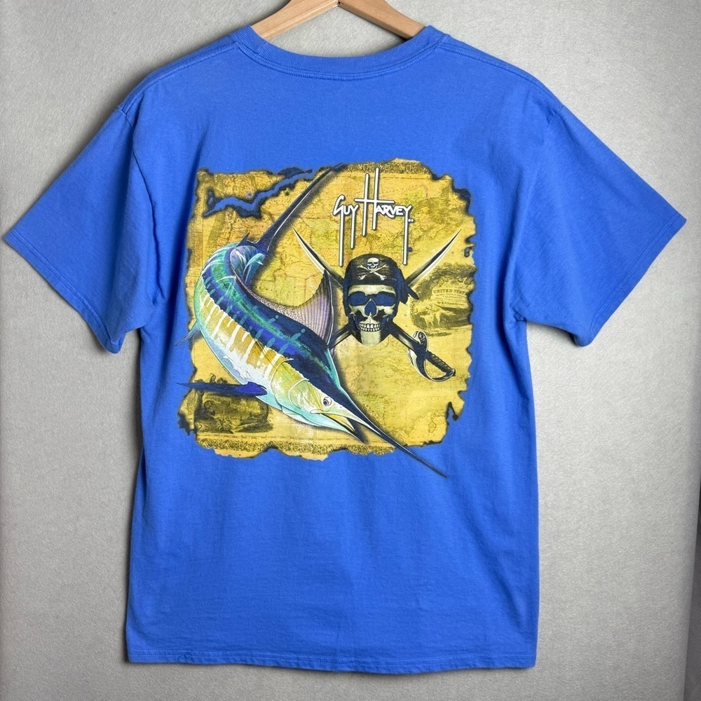 Guy Harvey Men’s Port Royal Back Print Tee with Pocket in Ocean Blue size M